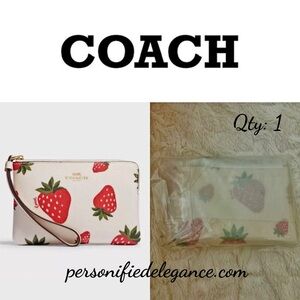NEW Coach Coated Canvas Leather Chalk Multi Strawberry Print Corner Zip Wristlet
